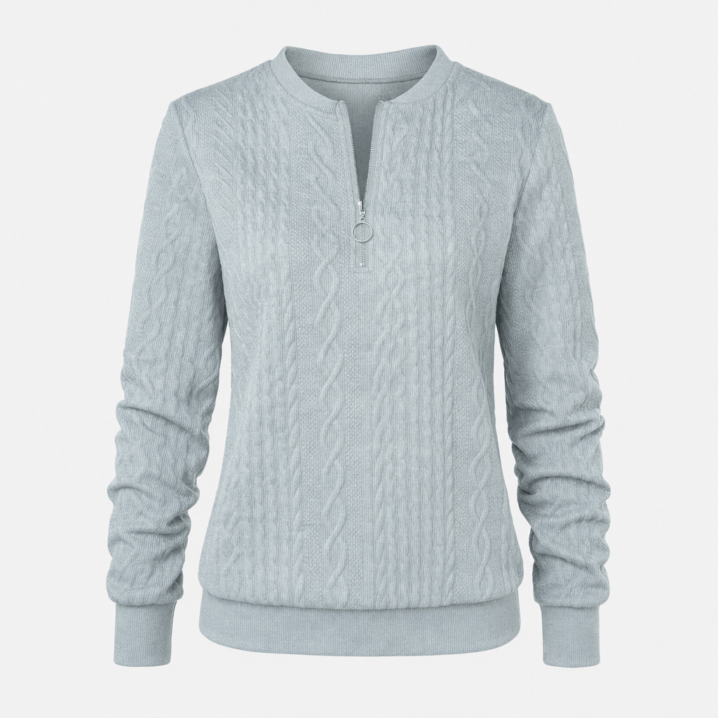 Pale blue-gray ribbed half-zip sweater displayed on its own.