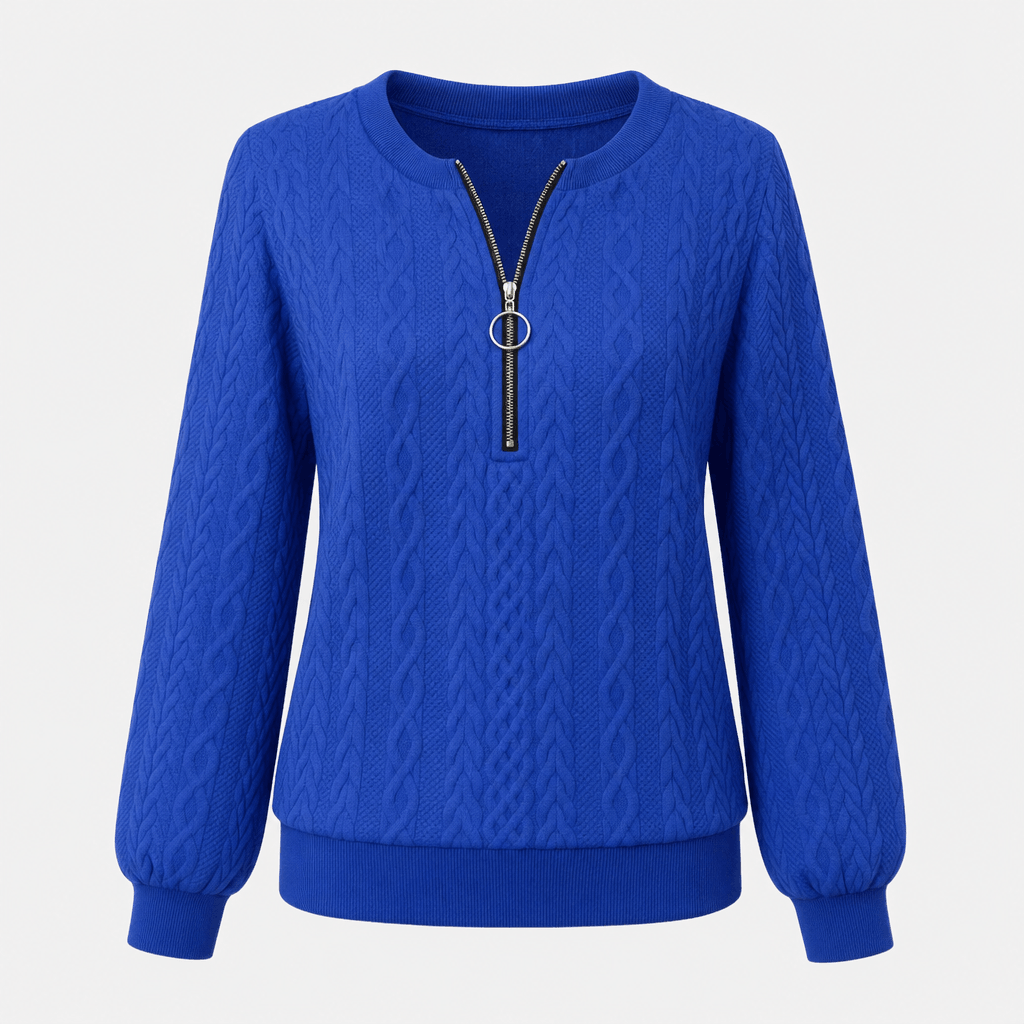 Royal blue ribbed half-zip sweater displayed on its own against a light background.