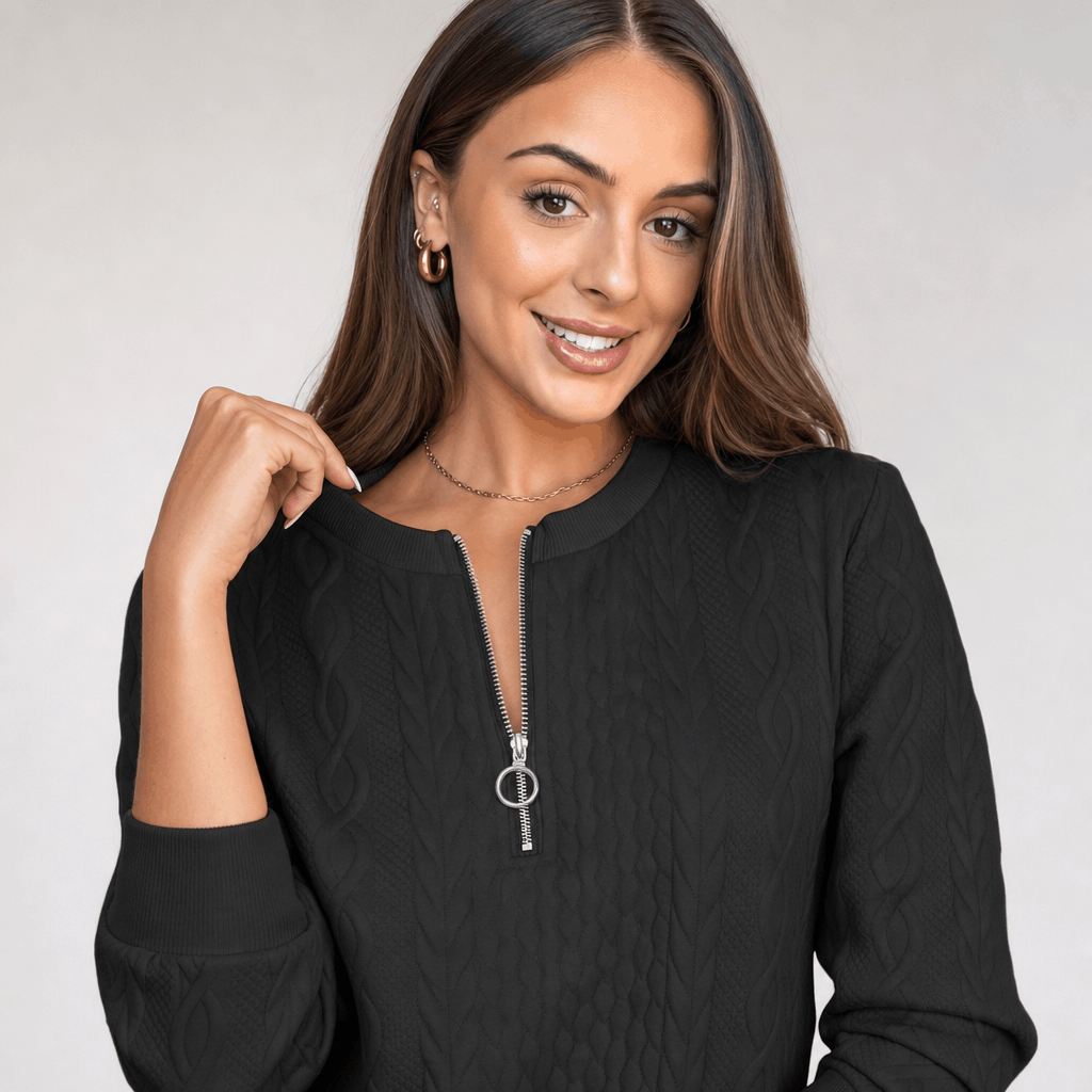 Close-up of the woman wearing the black ribbed half-zip sweater.