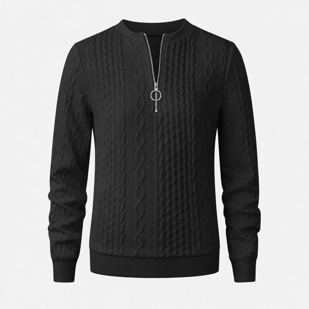 Black ribbed half-zip sweater displayed on its own against a light background.