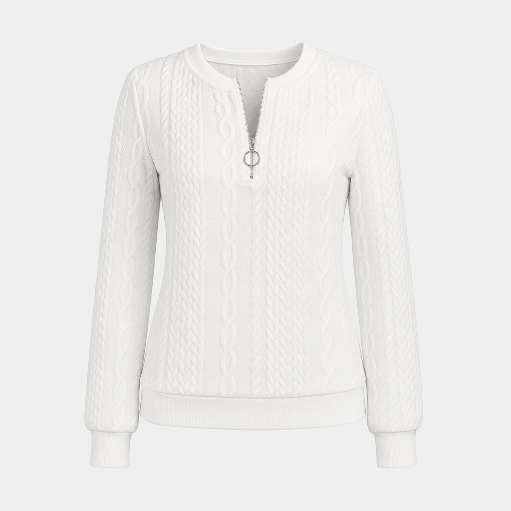 Light gray ribbed half-zip sweater displayed on its own.
