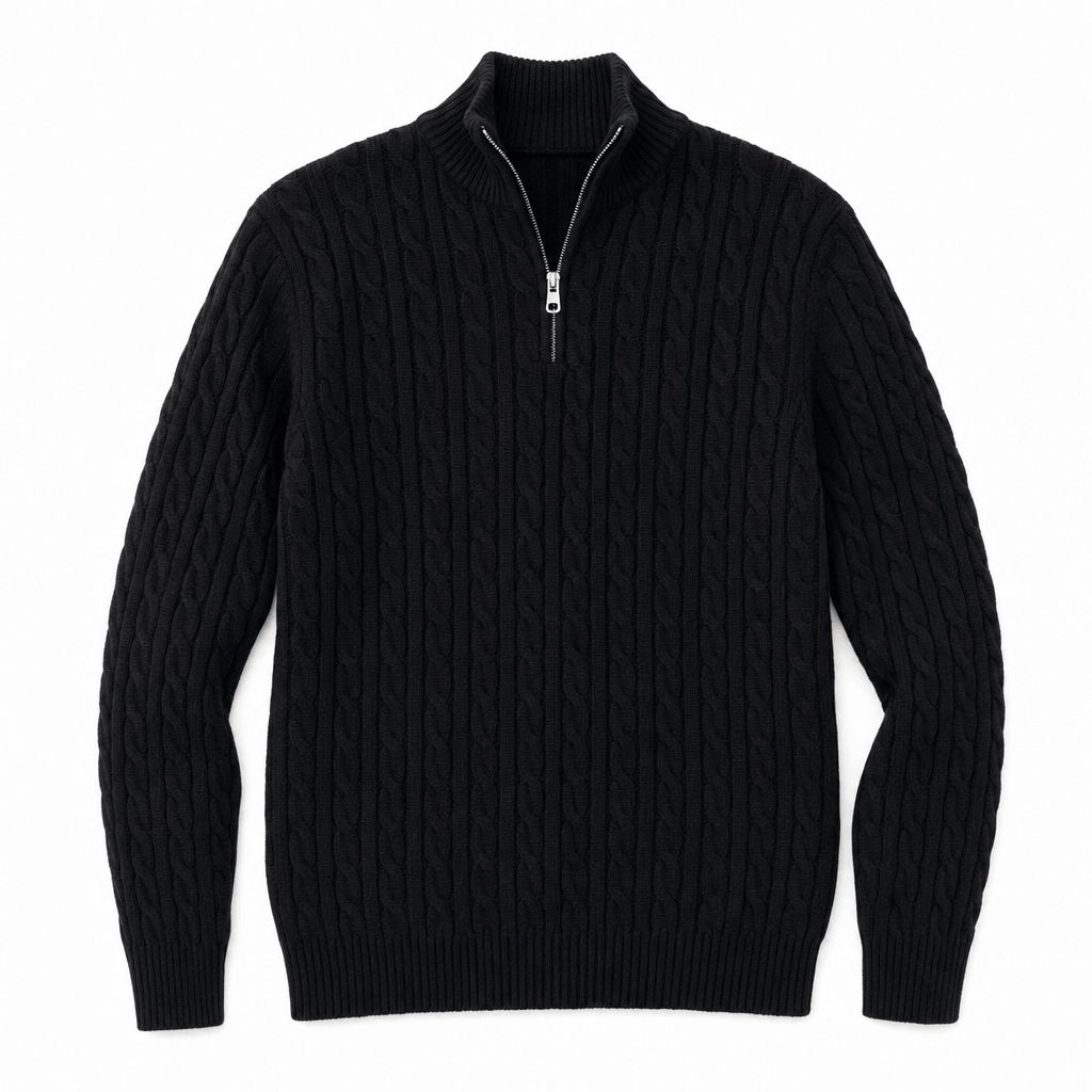 Black cable knit quarter zip sweater with a funnel collar, ribbed cuffs, and hem in a structured regular fit.