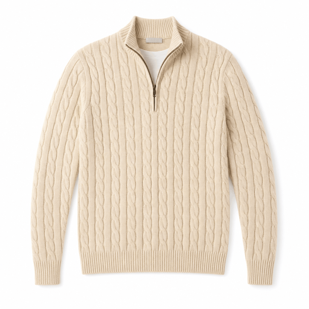 Beige cable knit quarter-zip sweater with a funnel collar, ribbed cuffs, and hem in a structured regular fit.