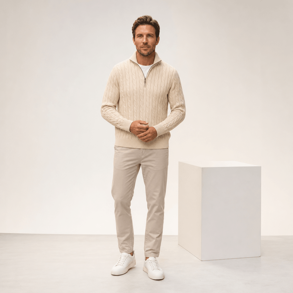 Cream cable knit quarter-zip sweater with a funnel collar, ribbed cuffs, and hem, worn with neutral chinos and sneakers.