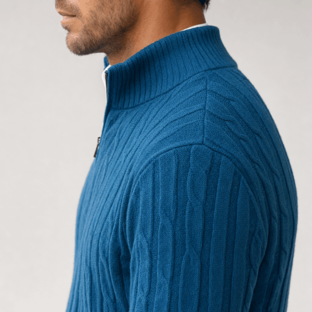 Blue cable knit quarter-zip sweater featuring a structured funnel collar and ribbed trim in a regular fit.
