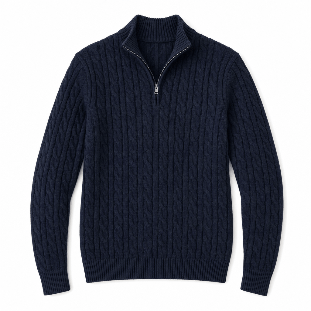 Navy blue cable knit quarter-zip sweater with a structured funnel collar, ribbed cuffs, and hem in a regular fit.