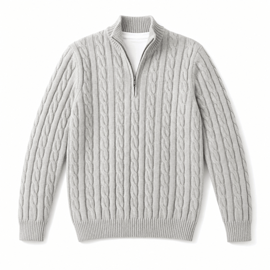 Light grey cable knit quarter-zip sweater with a funnel collar, ribbed cuffs, and hem in a structured regular fit.