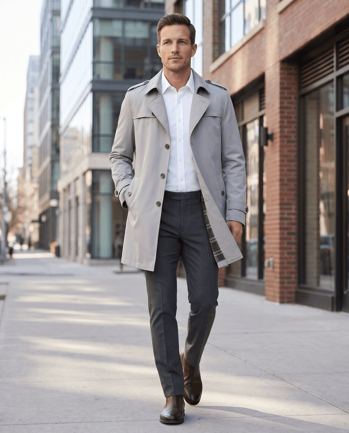 A man wearing a light gray single-breasted trench coat with a mid-length fit, structured lapels, and tailored silhouette, walking on a city street