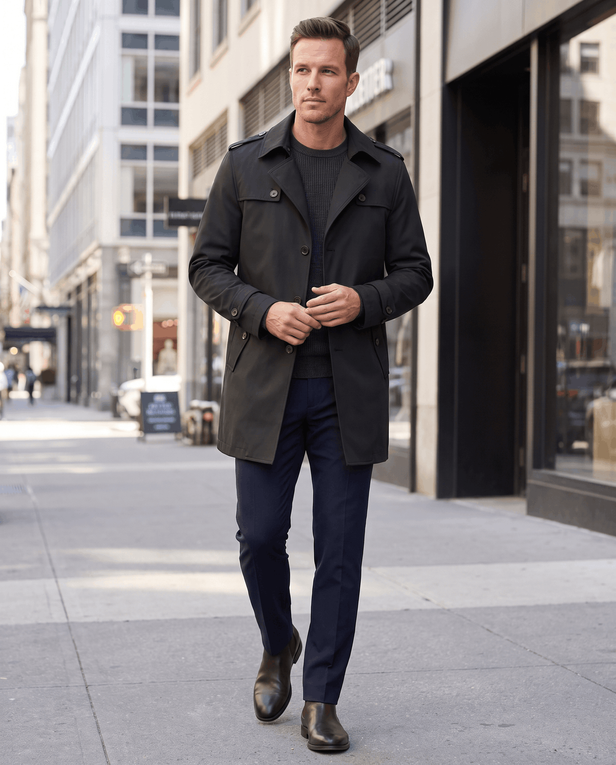 A man wearing a black single-breasted trench coat with a mid-length fit, walking on a city street