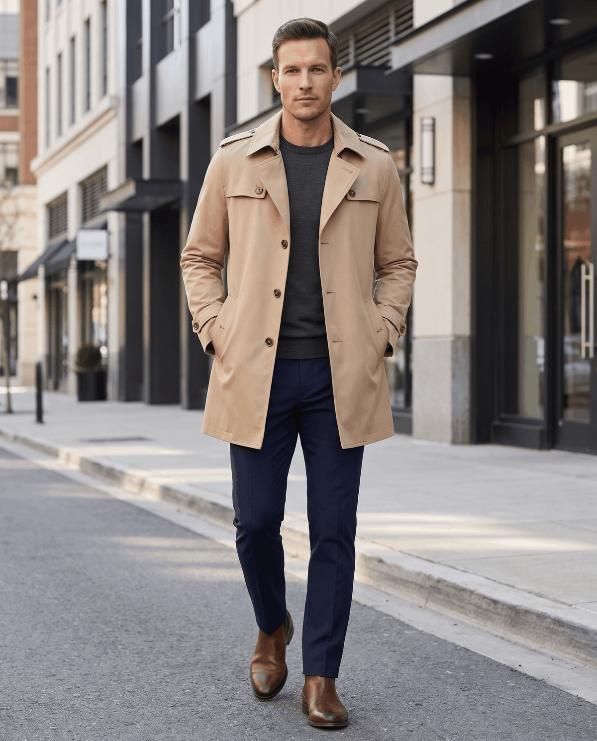 A man wearing a beige single-breasted trench coat with structured lapels and tailored fit, walking on a city street