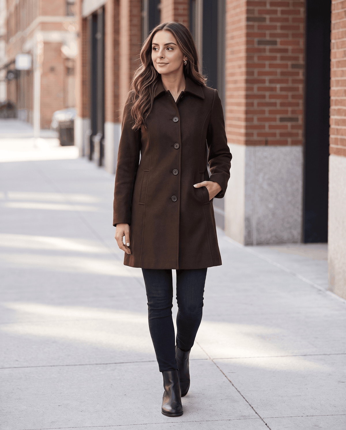 A woman wearing a dark brown single-breasted mid-length trench coat with a button front, walking outdoors