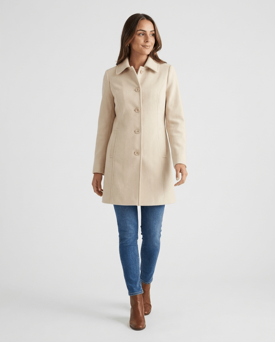 A woman wearing a cream single-breasted mid-length trench coat with a button front and tailored fit