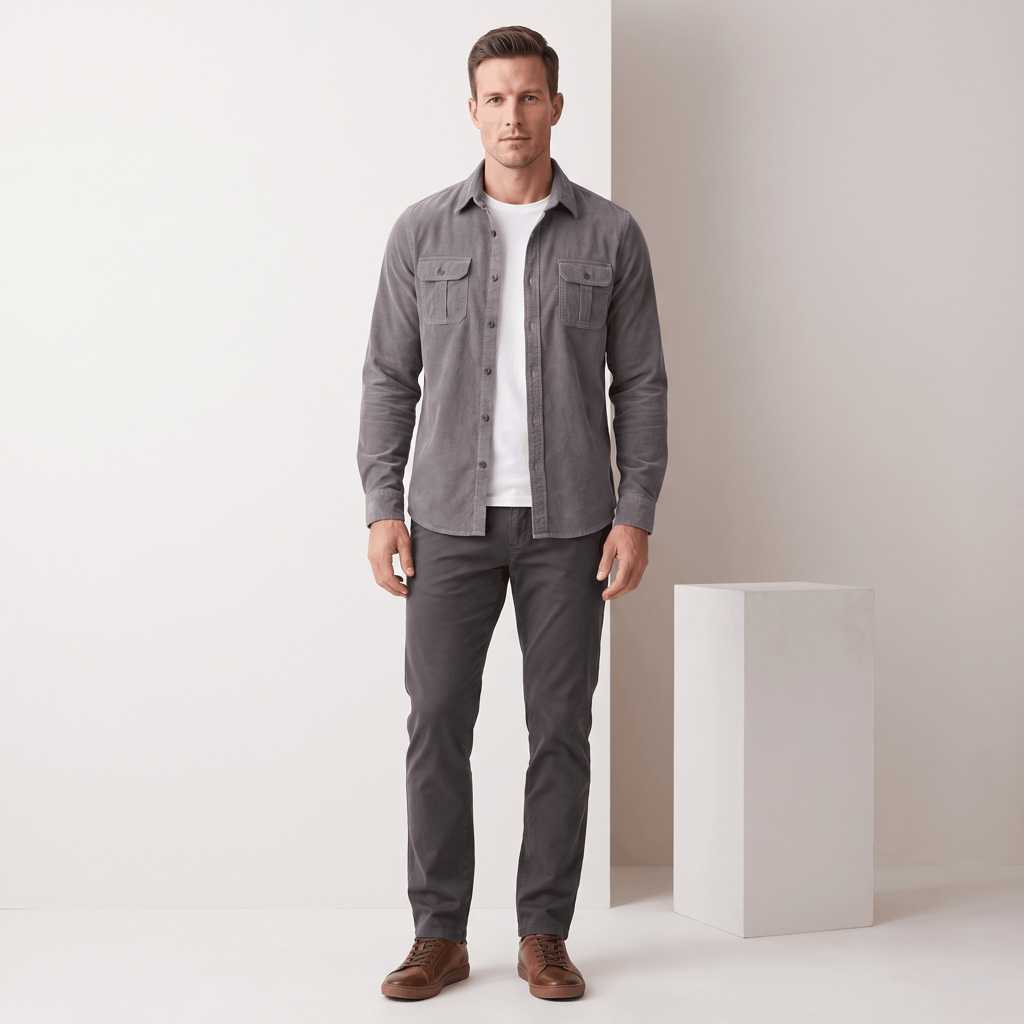 Grey fine-wale corduroy shirt with twin flap pockets, worn open over a white tee in a regular fit.