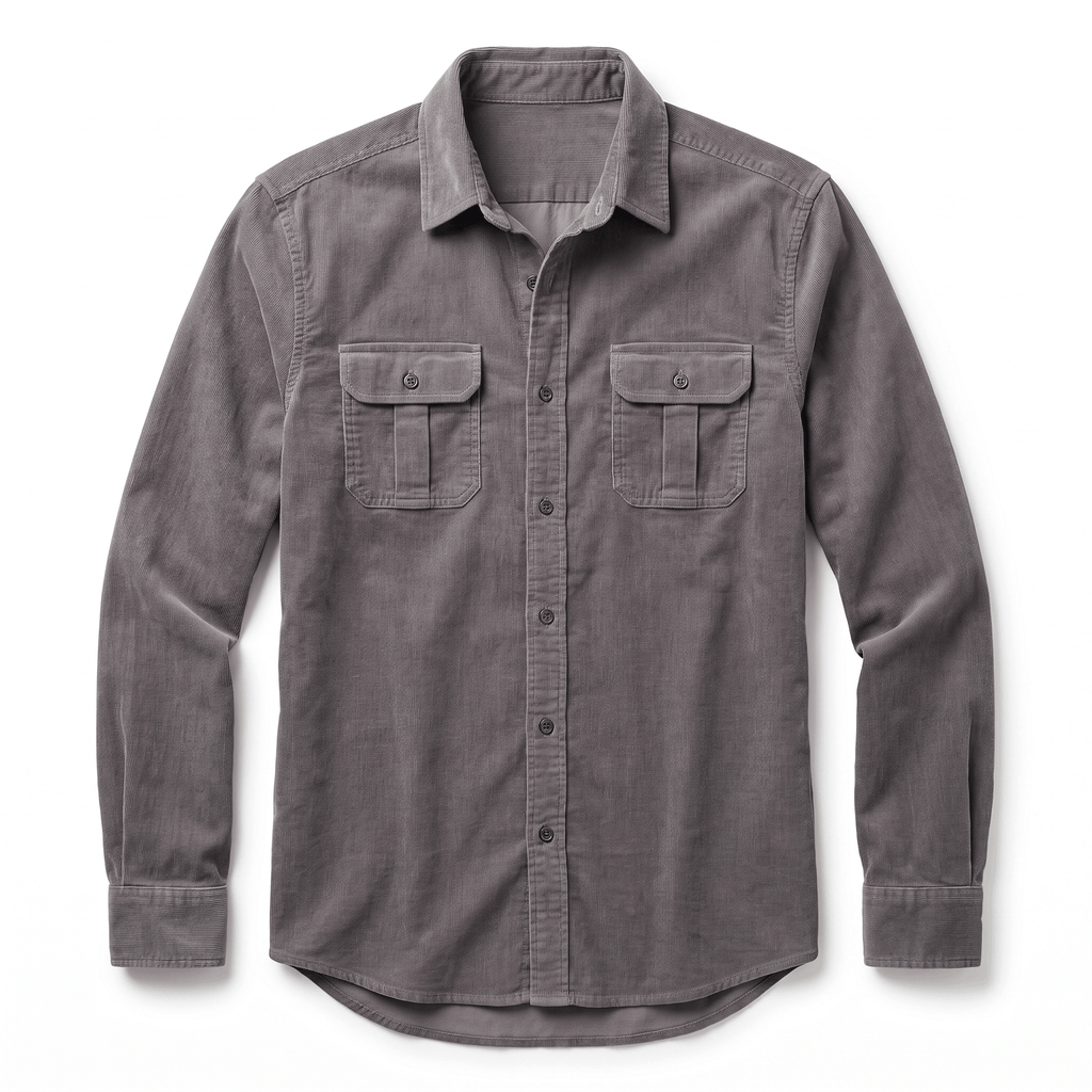 Grey corduroy shirt with a spread collar, button-front placket, and twin flap chest pockets in a regular fit.