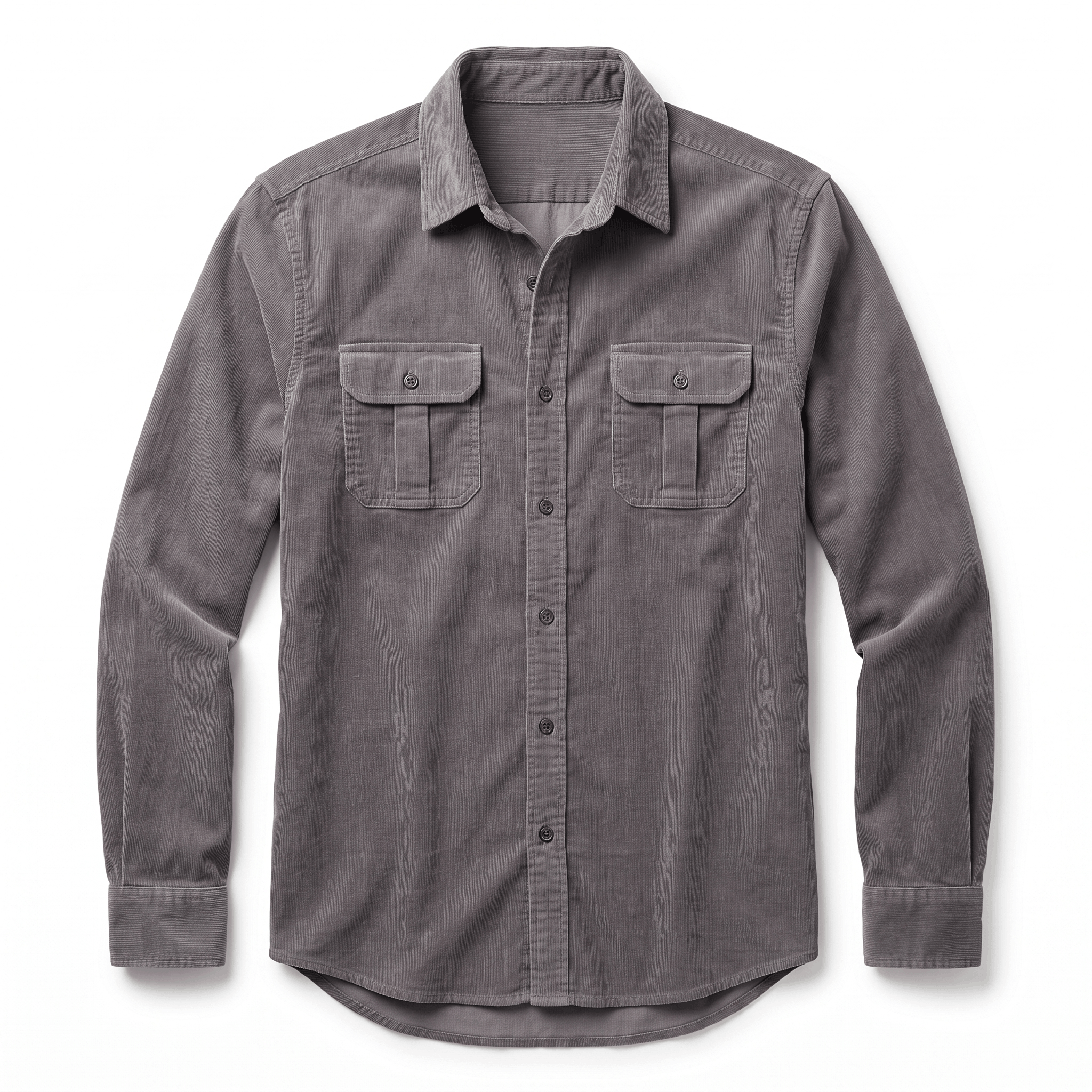 Grey corduroy shirt with a spread collar, button-front placket, and twin flap chest pockets in a regular fit.