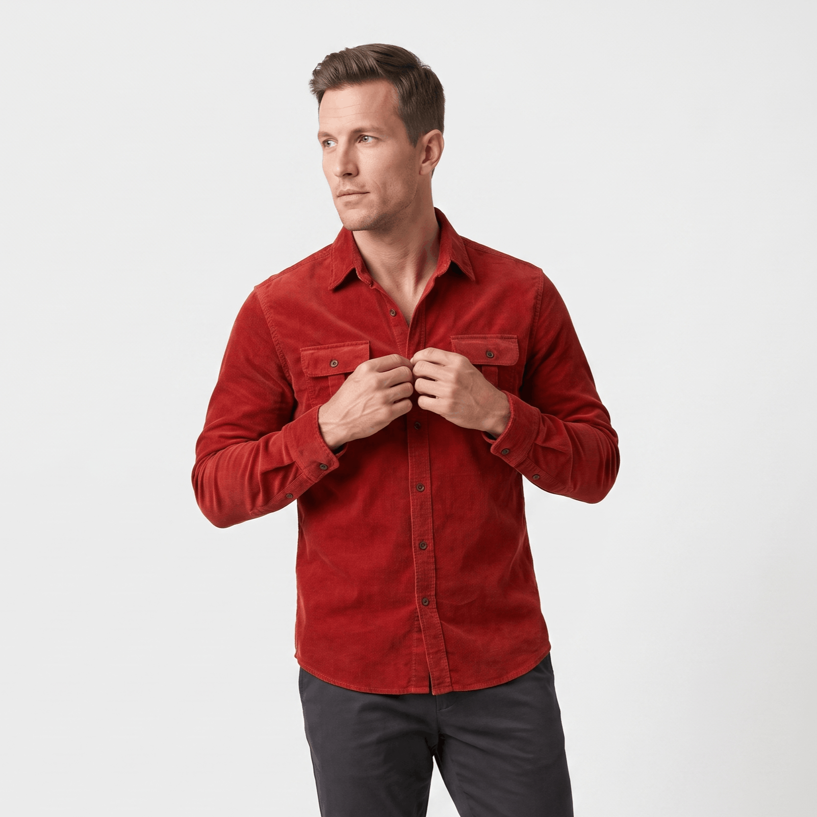 Red corduroy shirt with a spread collar and twin buttoned flap pockets in a regular fit, worn over dark trousers.
