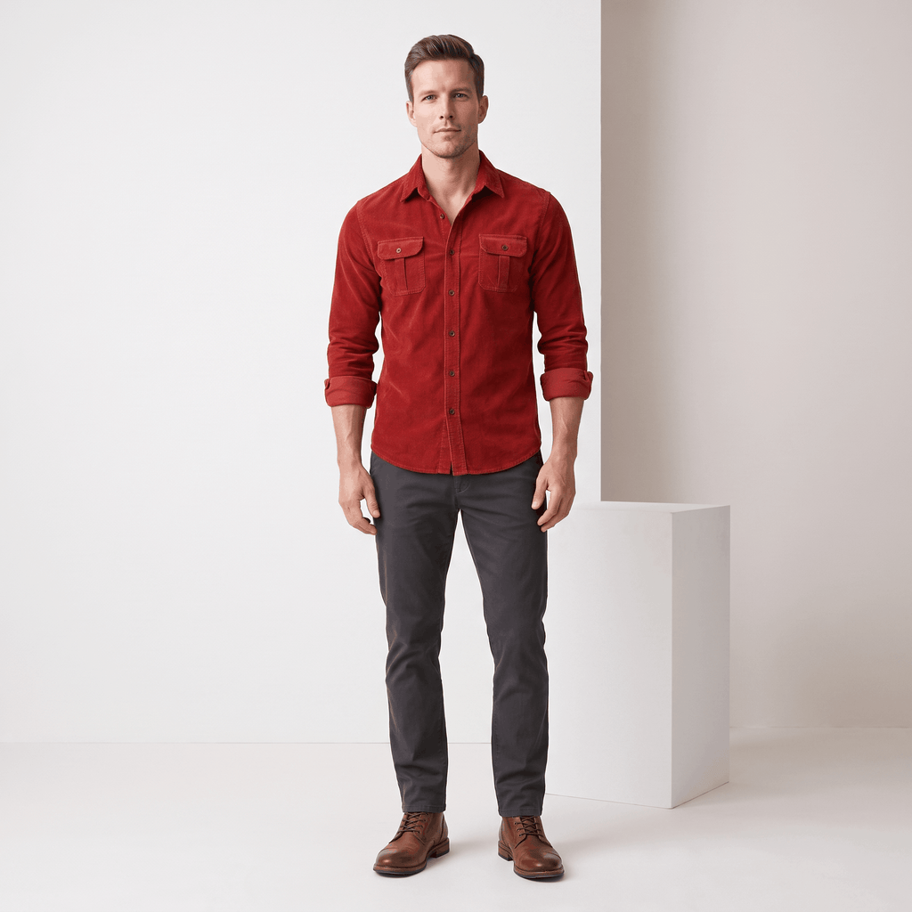 Red corduroy shirt with twin flap chest pockets and spread collar, worn in a regular fit with dark trousers.