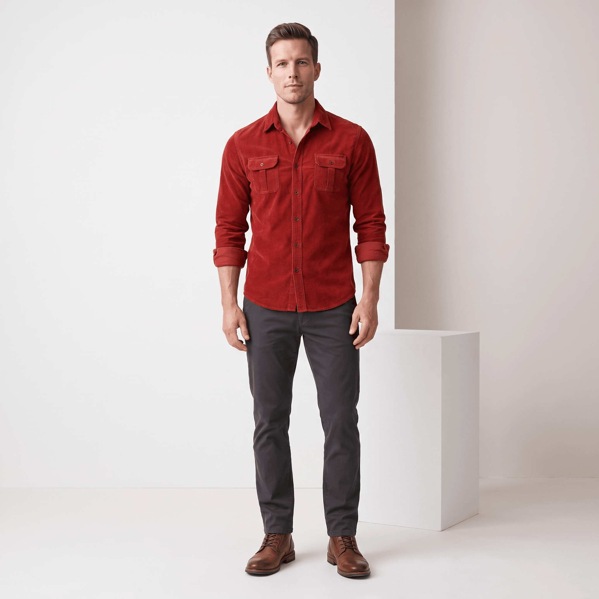 Red corduroy shirt with twin flap chest pockets and spread collar, worn in a regular fit with dark trousers.