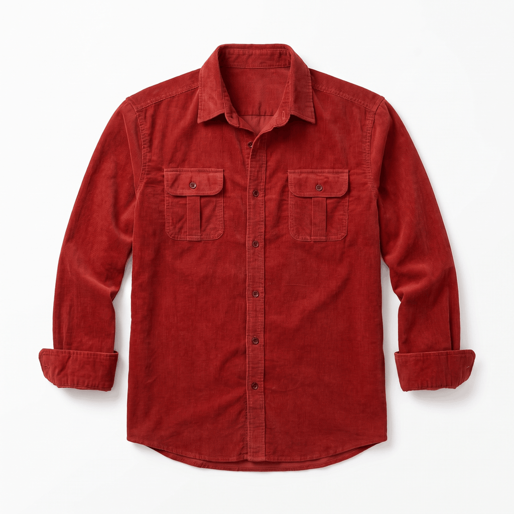 Red corduroy shirt in a regular fit with a spread collar and twin buttoned flap chest pockets on a white background.