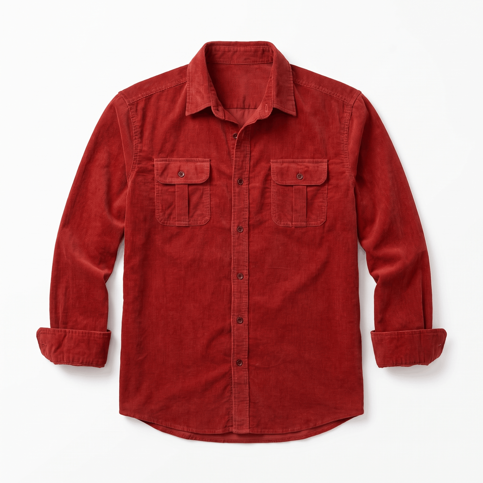 Red corduroy shirt in a regular fit with a spread collar and twin buttoned flap chest pockets on a white background.