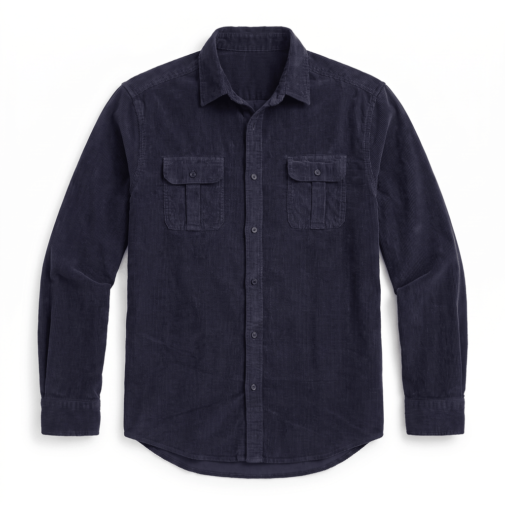 Navy blue fine-wale corduroy shirt with a spread collar and twin buttoned flap chest pockets in a regular fit.