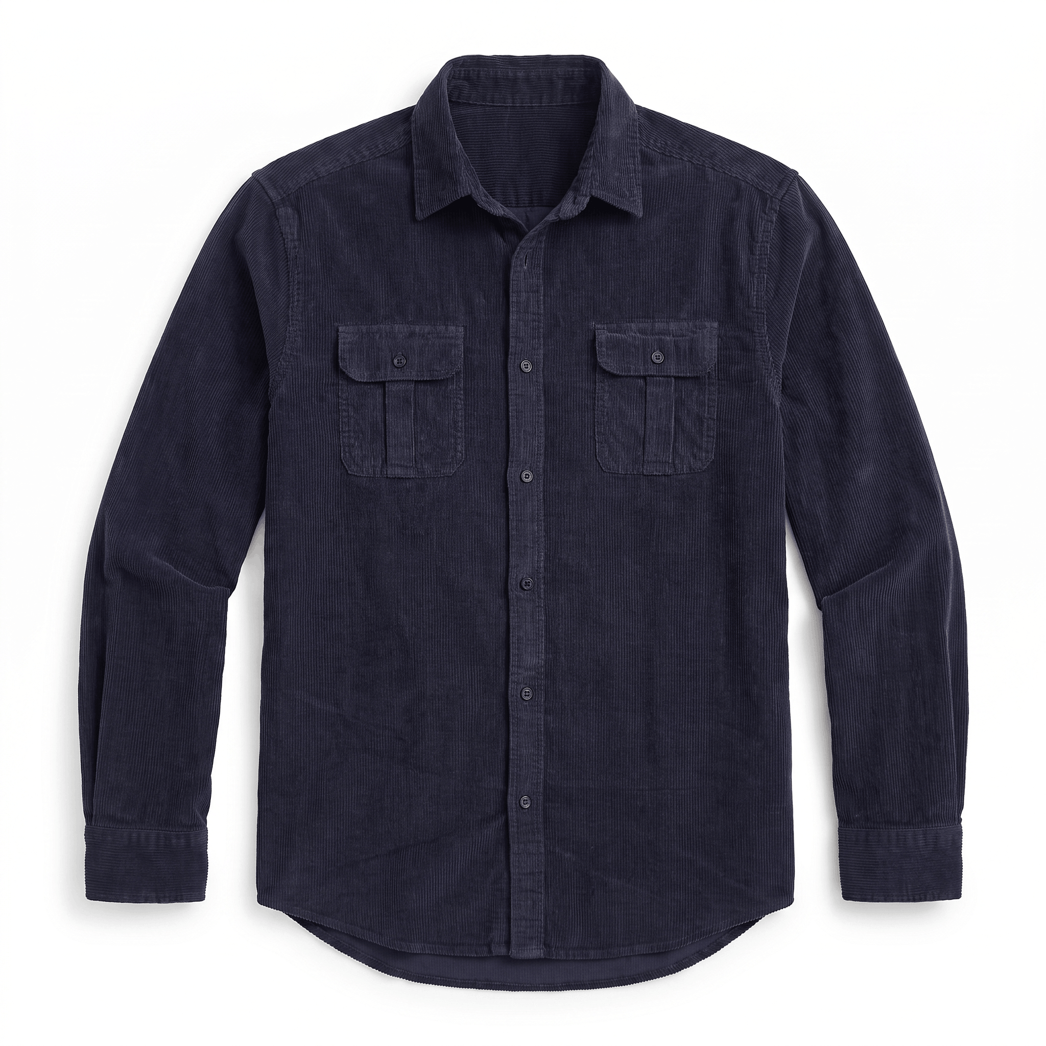 Navy blue fine-wale corduroy shirt with a spread collar and twin buttoned flap chest pockets in a regular fit.