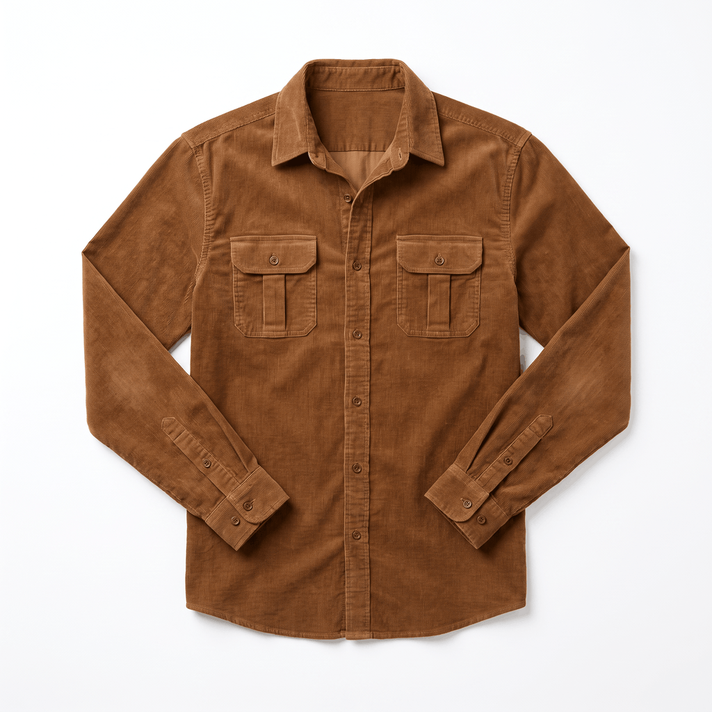 Brown corduroy shirt with a spread collar, twin button-flap chest pockets, and a clean regular fit on white background.