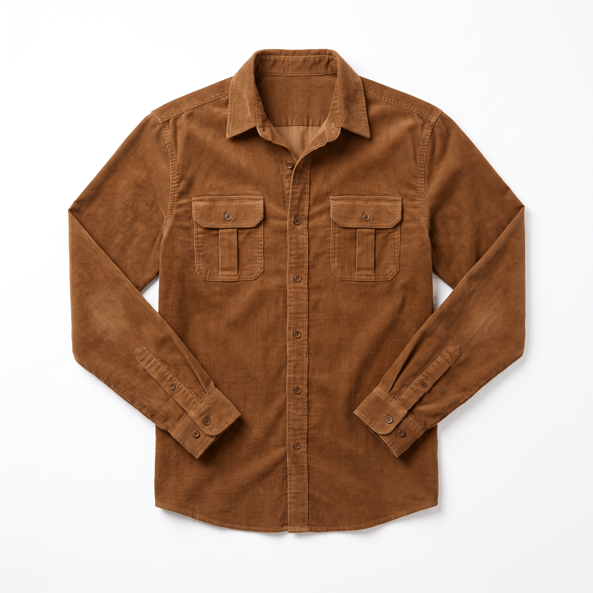 Brown corduroy shirt with a spread collar, twin button-flap chest pockets, and a clean regular fit on white background.