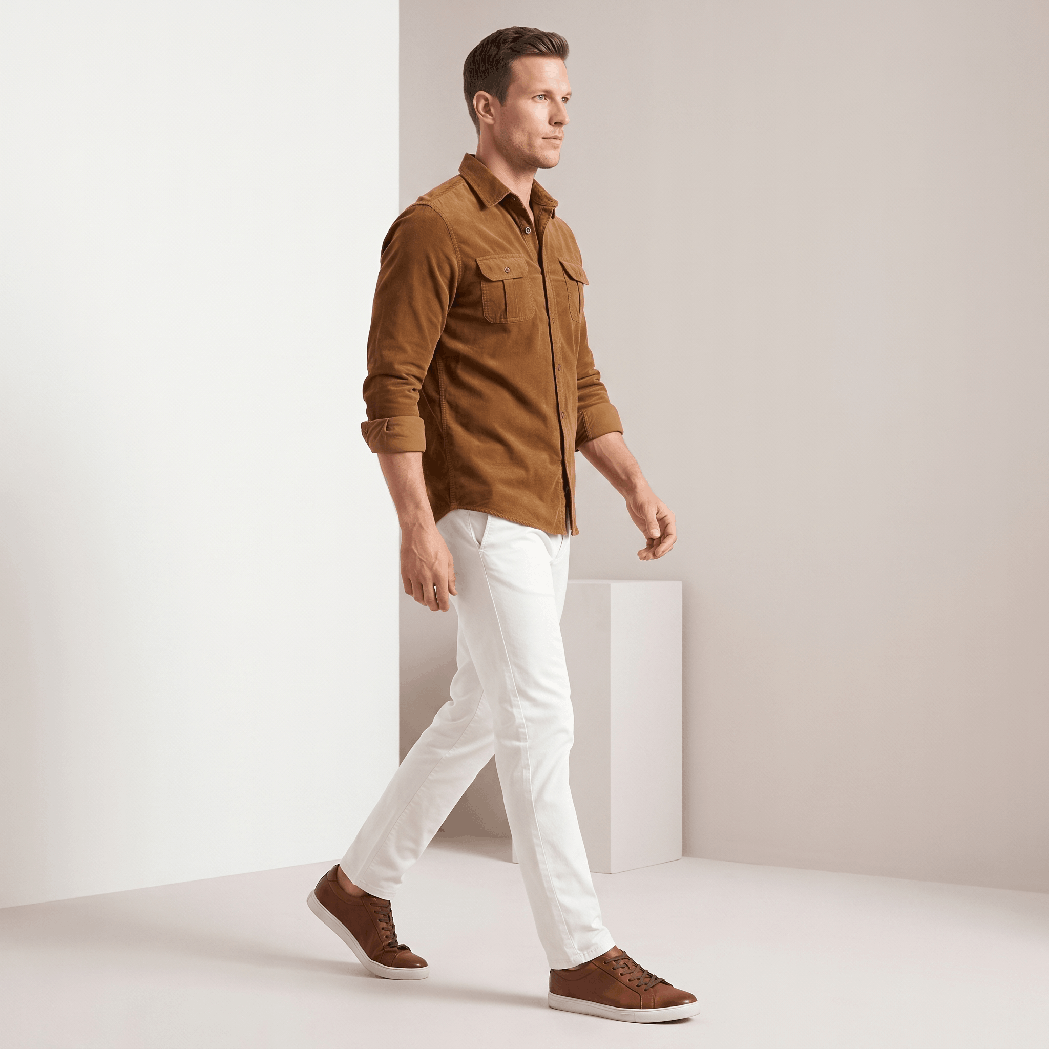Brown corduroy shirt with twin flap pockets and spread collar, worn untucked with white chinos and brown sneakers.