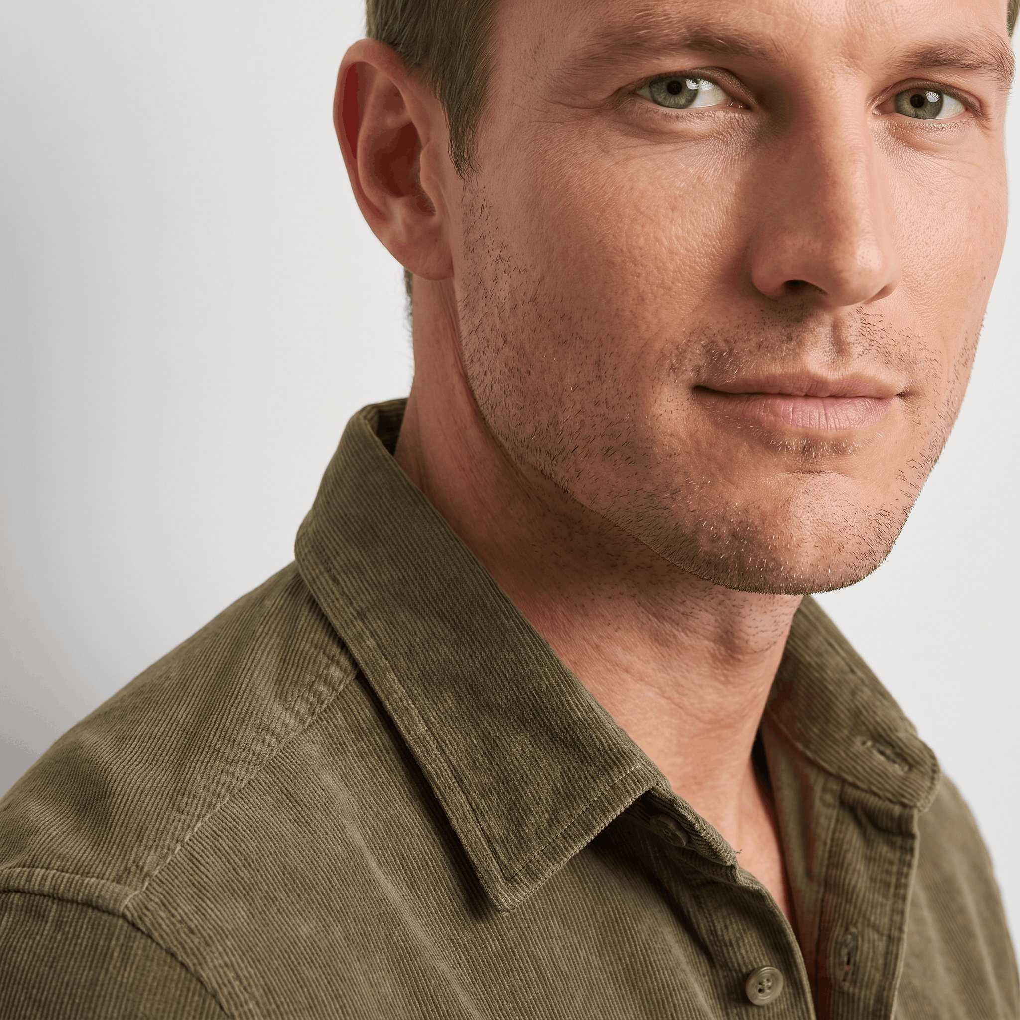 Olive green corduroy shirt with a spread collar and fine ribbed texture worn by a man in a regular fit.
