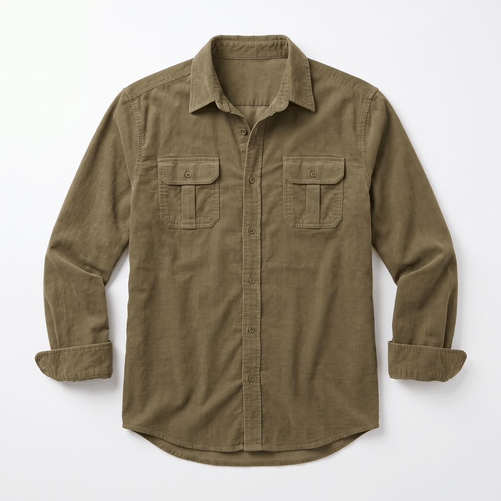 Olive green corduroy shirt with a spread collar, buttoned twin flap chest pockets, and a clean regular fit.