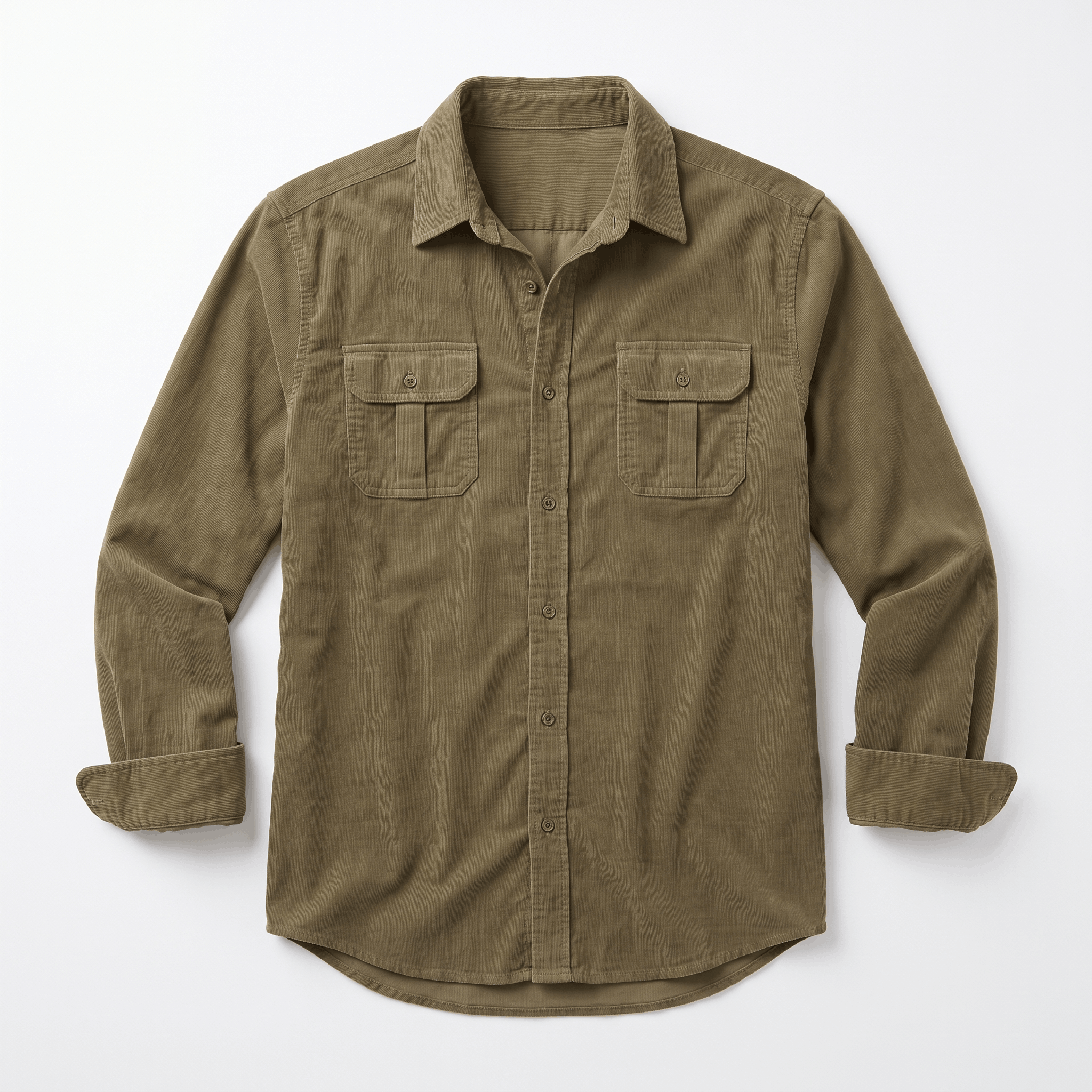 Olive green corduroy shirt with a spread collar, buttoned twin flap chest pockets, and a clean regular fit.