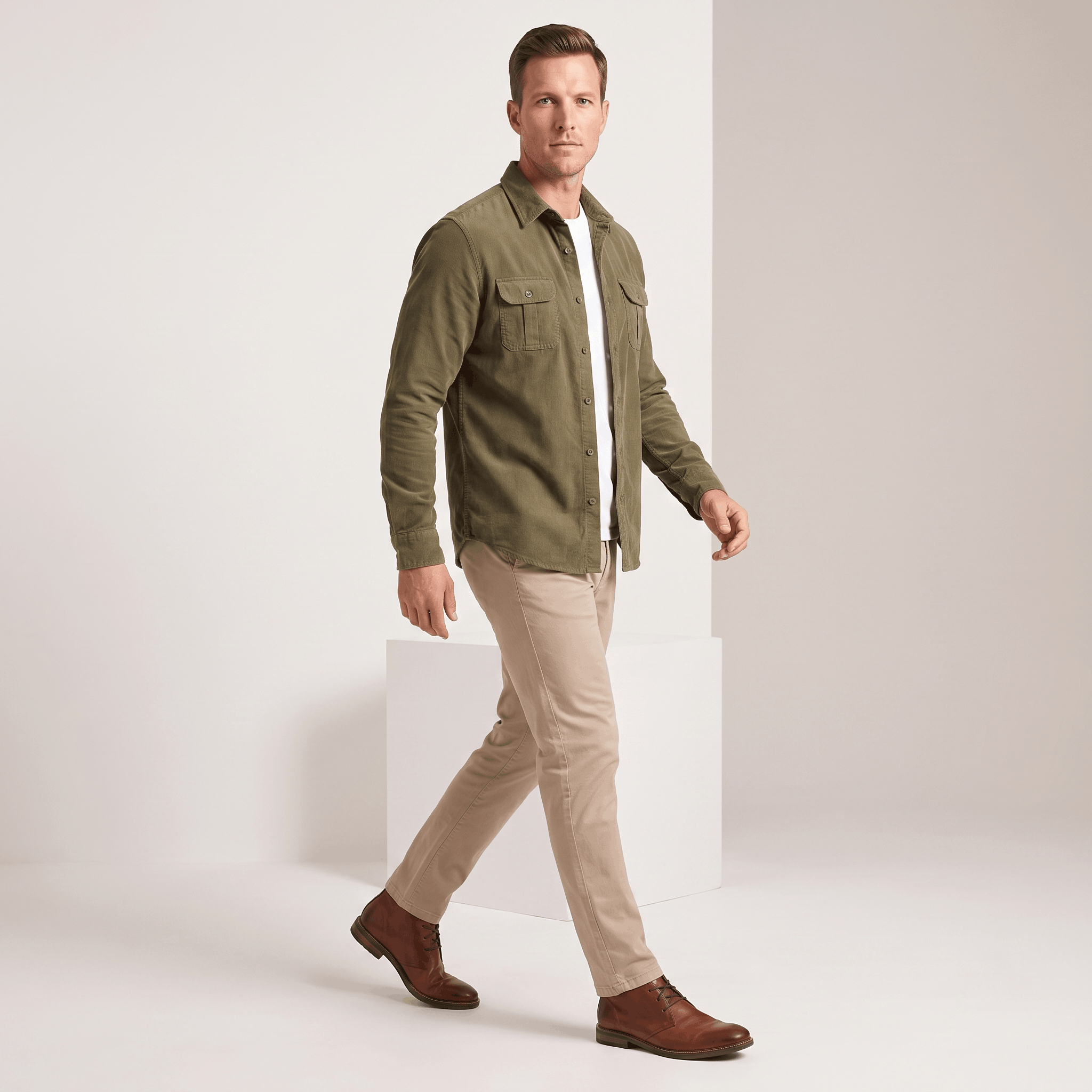 Olive green corduroy shirt with twin flap pockets, worn open over a white tee with beige chinos.