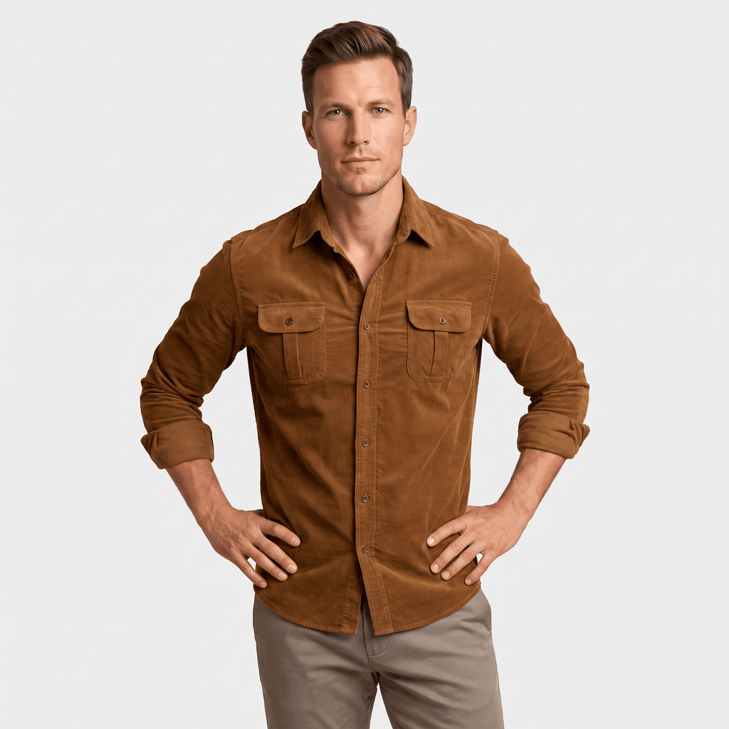 Brown corduroy shirt with a spread collar and twin buttoned flap pockets, worn in a regular fit with rolled sleeves.