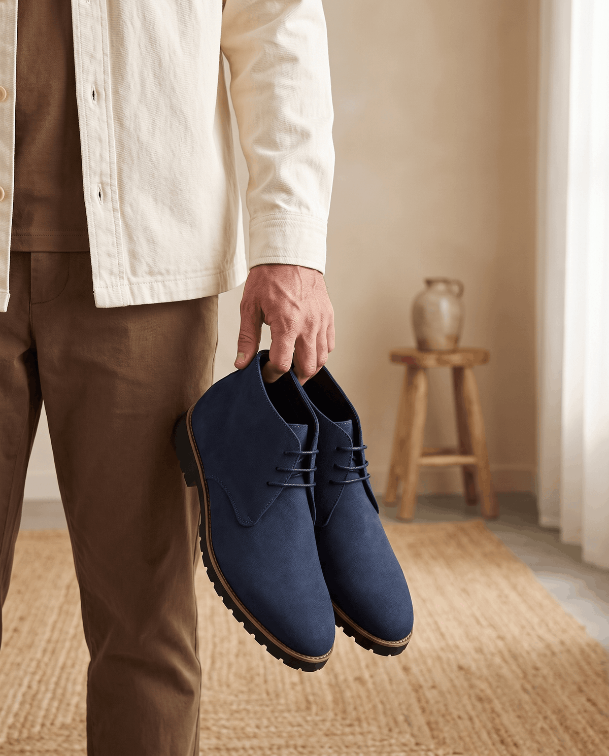 A person holding navy blue suede ankle boots with lug soles and three-eyelet lacing