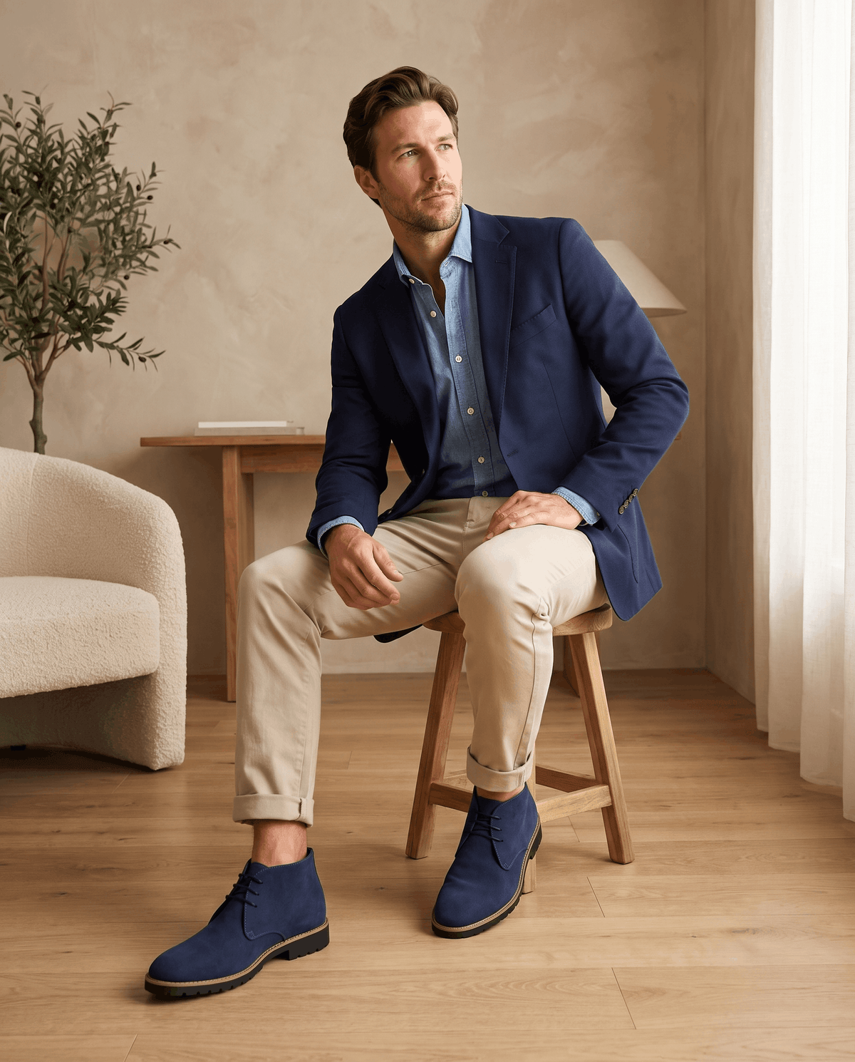 A man wearing navy blue suede ankle boots with lug soles and three-eyelet lacing, seated indoors