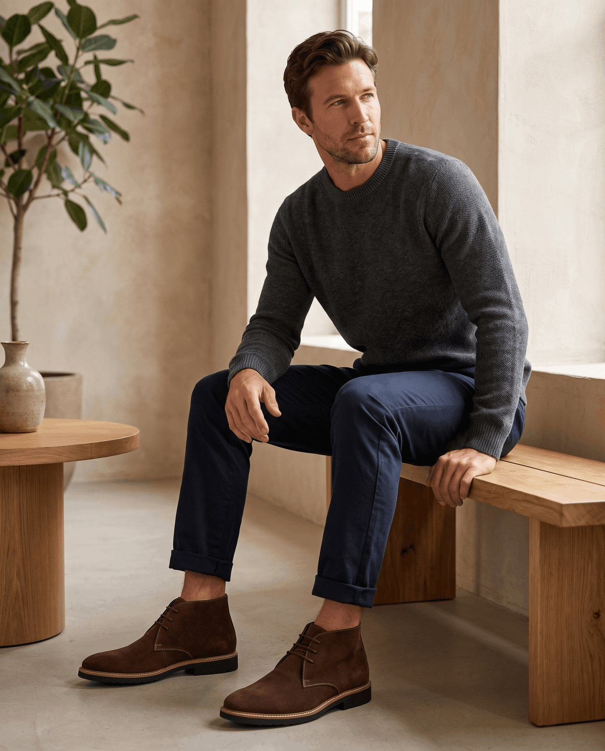 A man wearing brown suede ankle boots with lug soles and three-eyelet lacing, seated indoors