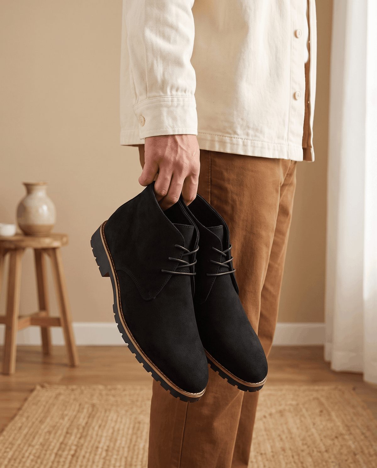 A person holding a black suede ankle boot with a lug sole and three-eyelet lacing