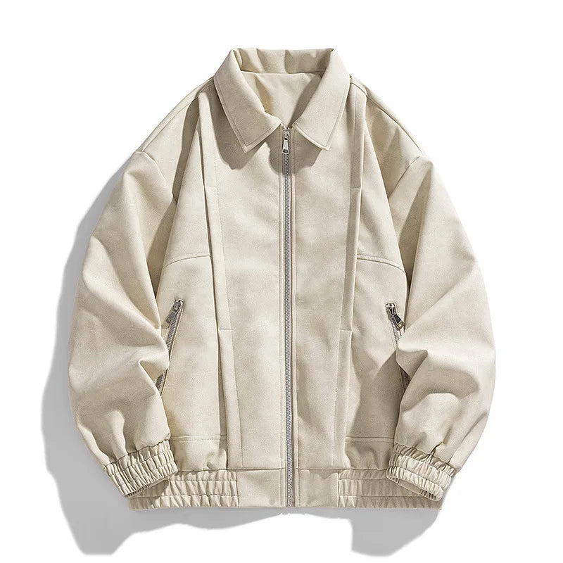 A cream suede bomber jacket with a relaxed fit, stand collar, and zip pockets, shown flat