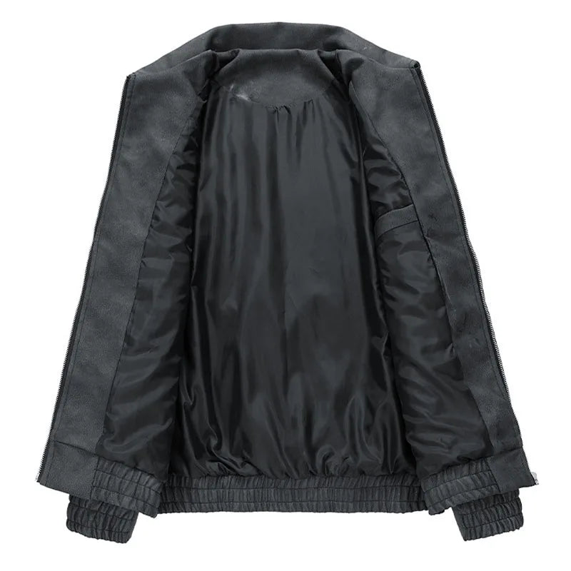 A dark gray suede bomber jacket showing the smooth inner lining, ribbed cuffs, and waistband