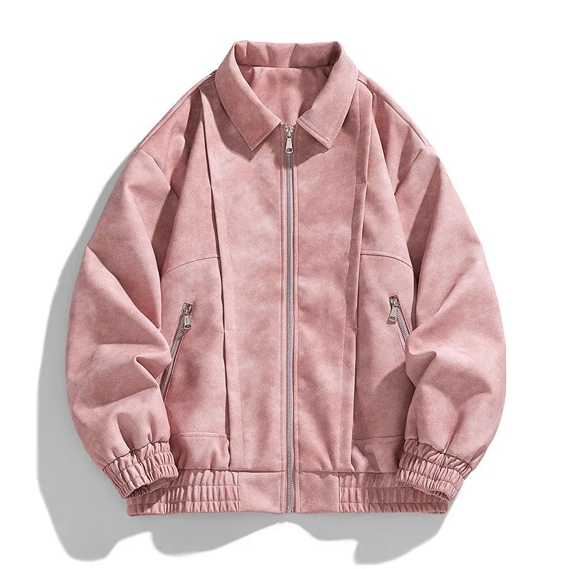 A pink suede bomber jacket with a relaxed fit, stand collar, and zip pockets, shown flat