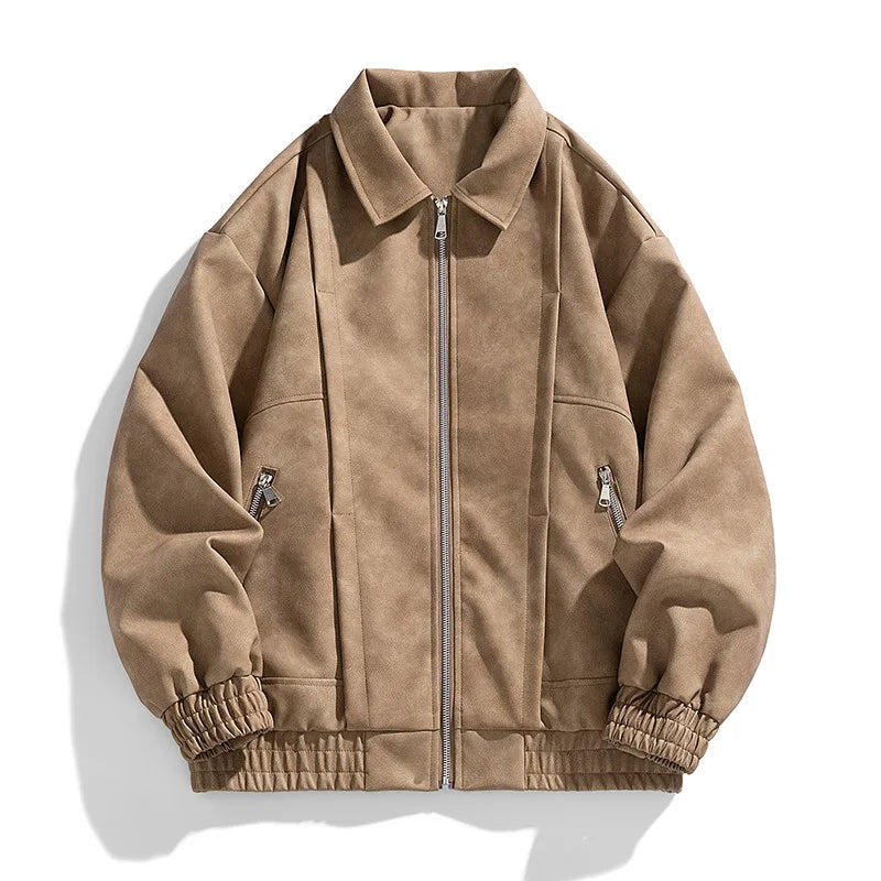 A tan suede bomber jacket with a relaxed fit, stand collar, and zip pockets, shown flat