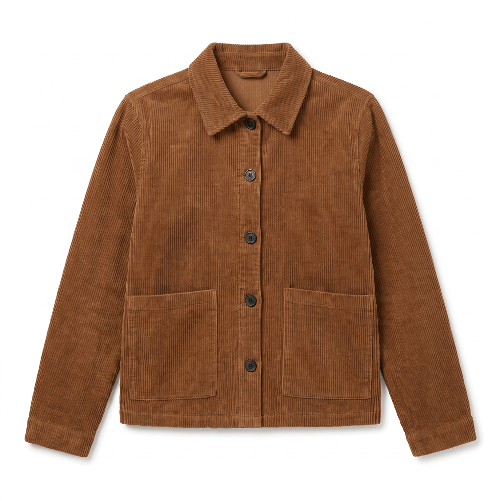 Brown wide-wale cotton corduroy chore jacket with a boxy fit, button-front closure, and two deep patch pockets.