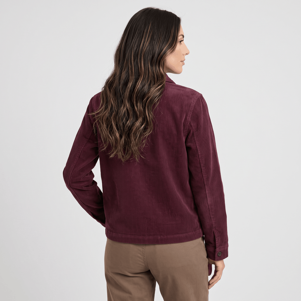Burgundy wide-wale cotton corduroy chore jacket with a boxy fit and straight hem, seen from the back.