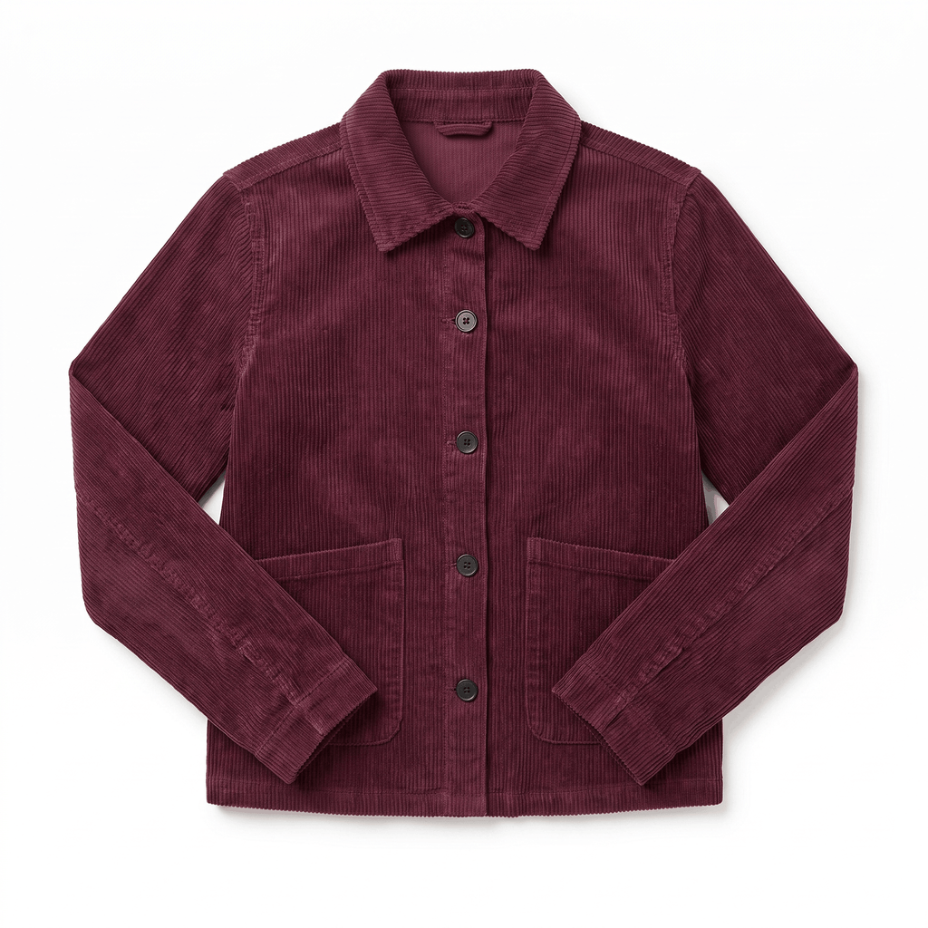 Deep burgundy cotton corduroy chore jacket with a boxy fit, button-front closure, and two large front patch pockets.