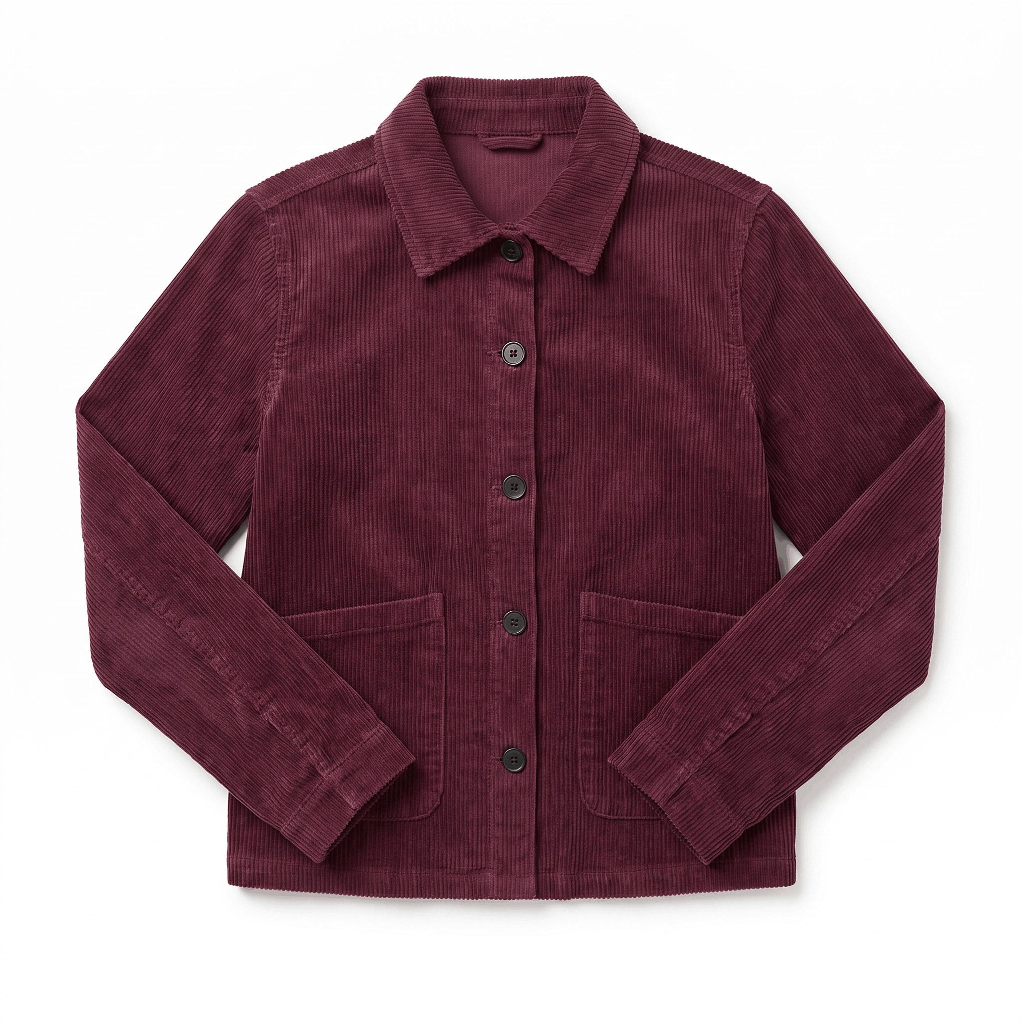 Deep burgundy cotton corduroy chore jacket with a boxy fit, button-front closure, and two large front patch pockets.