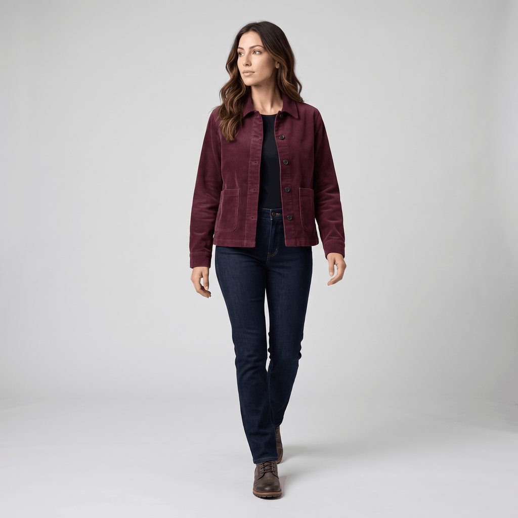 Burgundy cotton corduroy chore jacket with a boxy fit, button-front closure, and deep patch pockets.