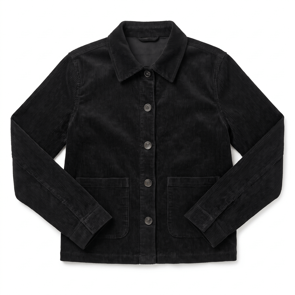 Black cotton corduroy chore jacket with a boxy fit, button-front closure, and two deep patch pockets.