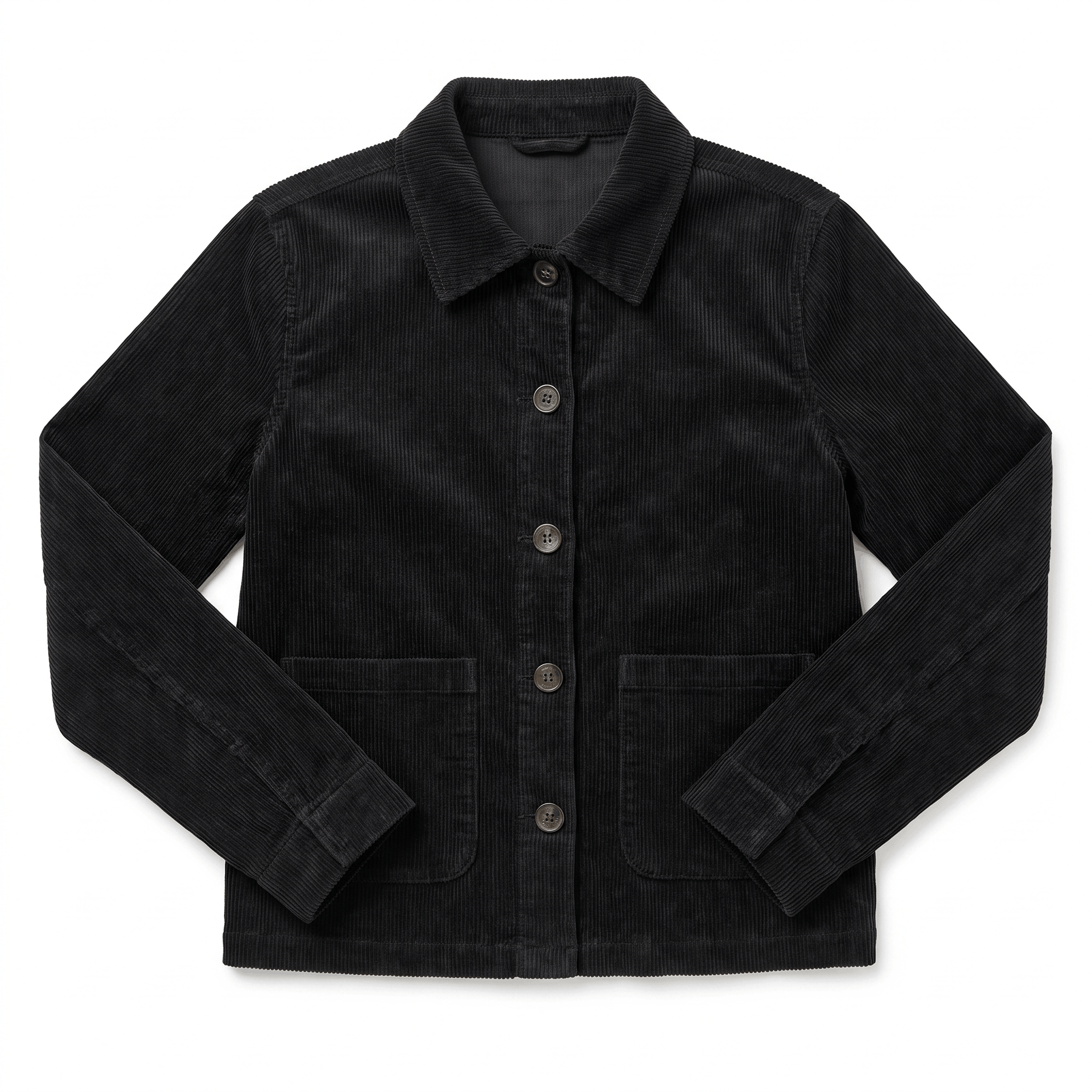 Black cotton corduroy chore jacket with a boxy fit, button-front closure, and two deep patch pockets.