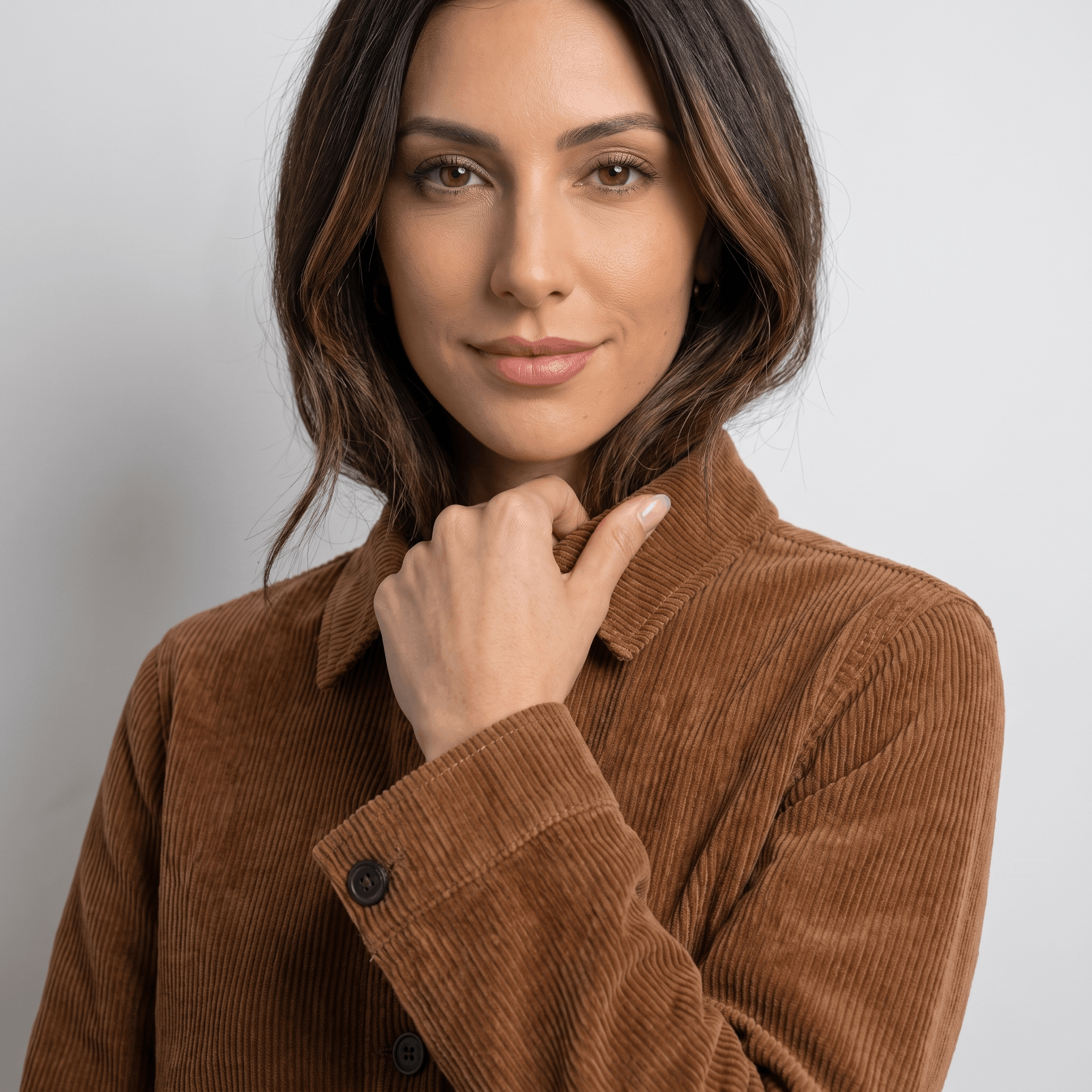 Brown cotton corduroy chore jacket with a boxy fit, button-front closure, and textured wide wale fabric.